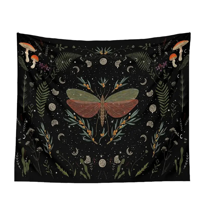 Botanical witchy tapestry black and cream mushroom bedroom wall decor
