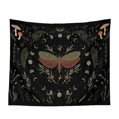Botanical witchy tapestry black and cream mushroom bedroom wall decor