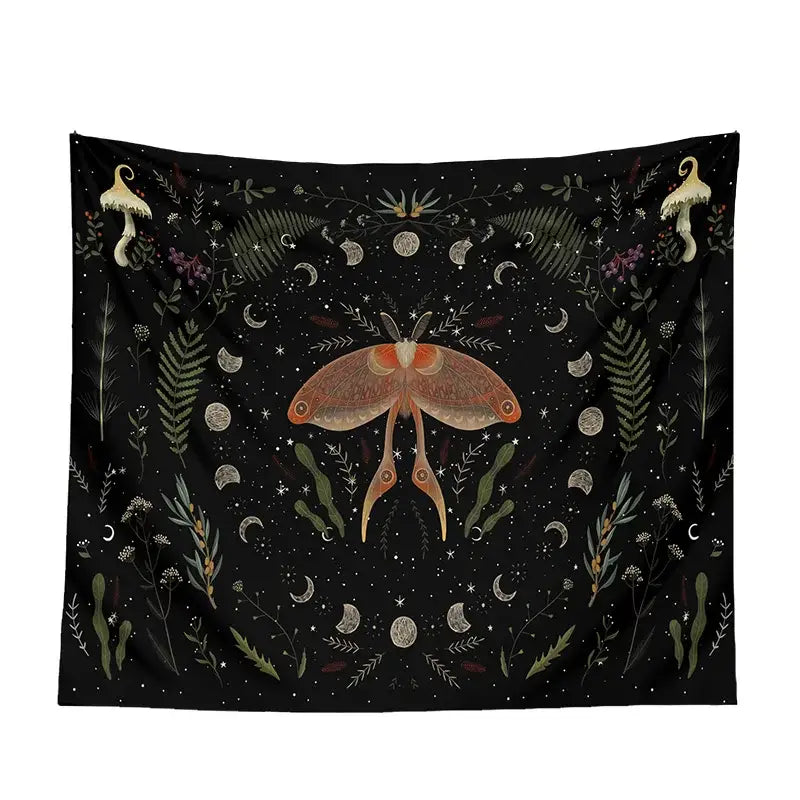 Botanical witchy tapestry black and cream mushroom bedroom wall decor