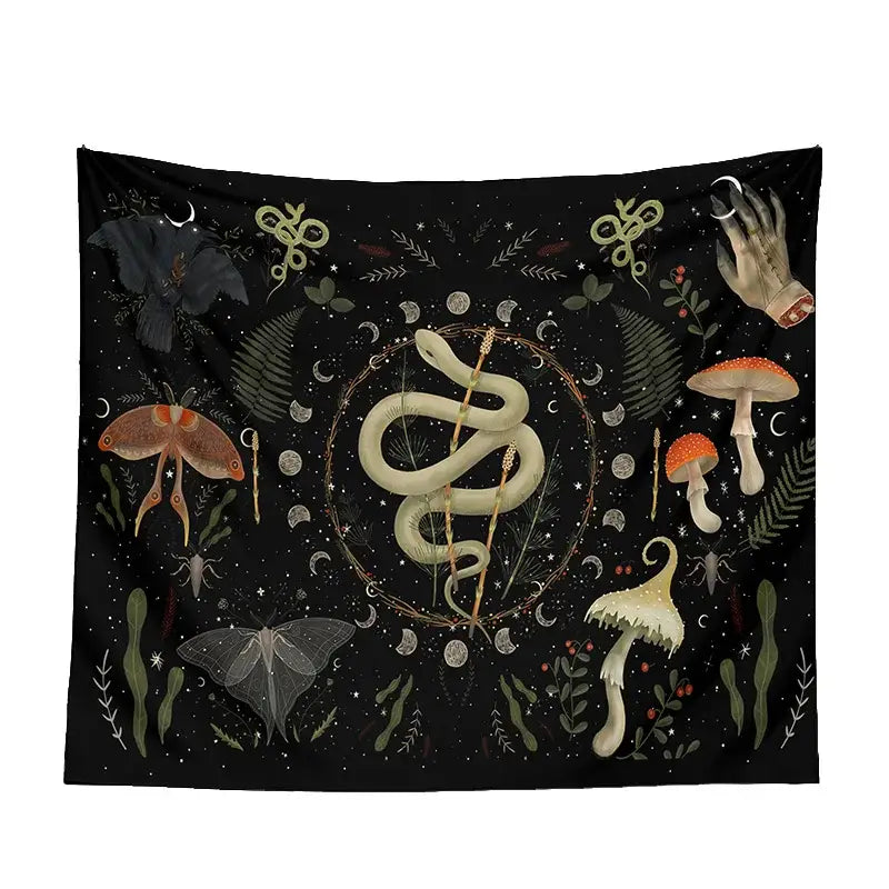 Botanical witchy tapestry black and cream mushroom bedroom wall decor