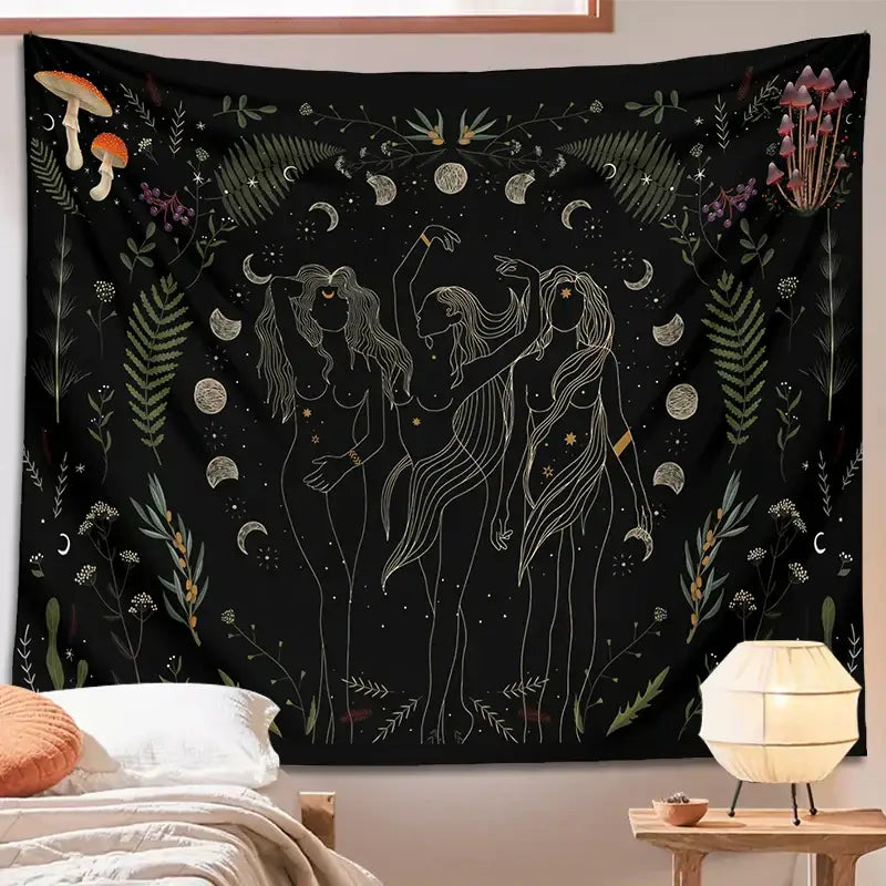 Botanical witchy tapestry black and cream mushroom bedroom wall decor
