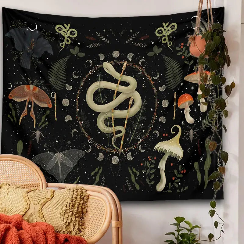 Botanical witchy tapestry black and cream mushroom bedroom wall decor