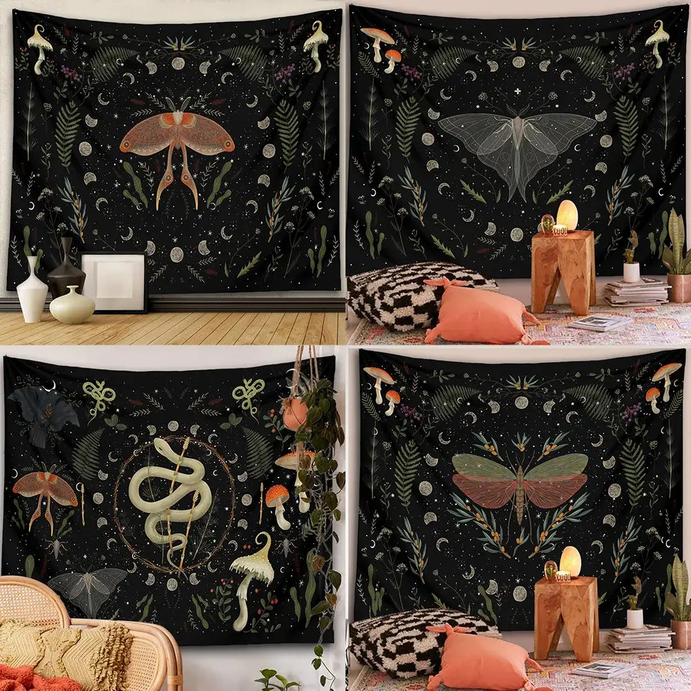 Botanical witchy tapestry black and cream mushroom bedroom wall decor