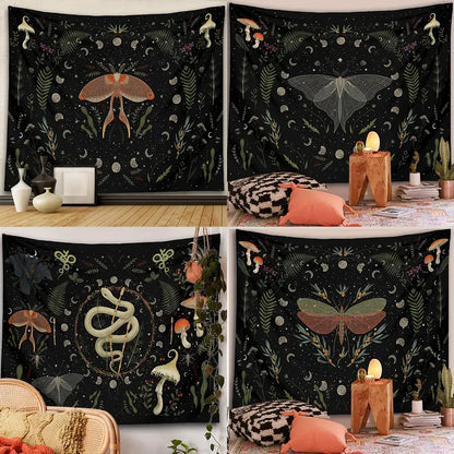 Botanical witchy tapestry black and cream mushroom bedroom wall decor