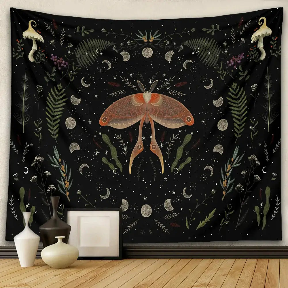 Botanical witchy tapestry black and cream mushroom bedroom wall decor