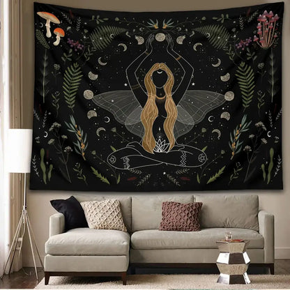 Botanical witchy tapestry black and cream mushroom bedroom wall decor