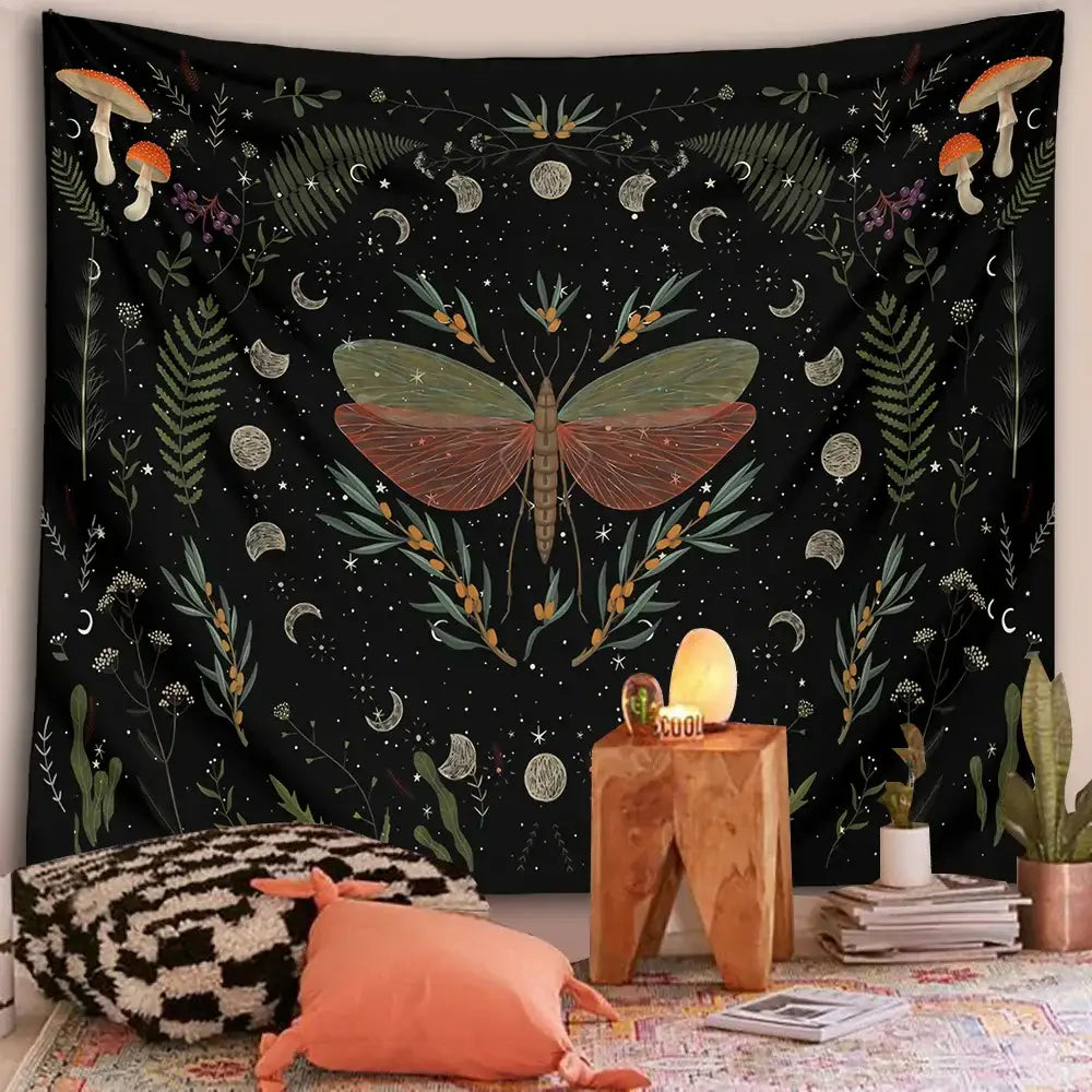 Botanical witchy tapestry black and cream mushroom bedroom wall decor