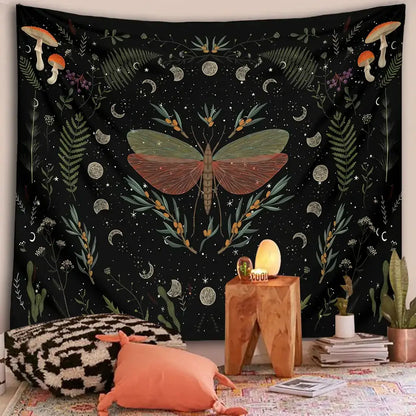 Botanical witchy tapestry black and cream mushroom bedroom wall decor