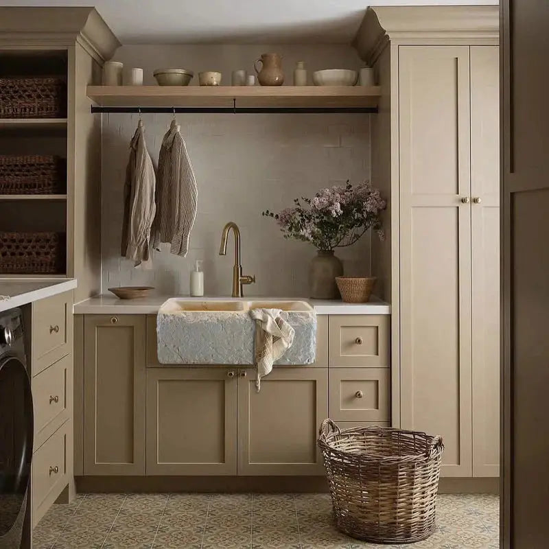 Custom Travertine Double Basin Apron Farmhouse Sink Beige 32 Inches