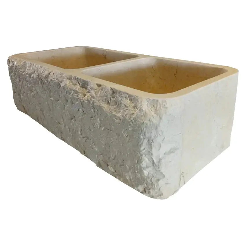 Custom Travertine Double Basin Apron Farmhouse Sink Beige 32 Inches