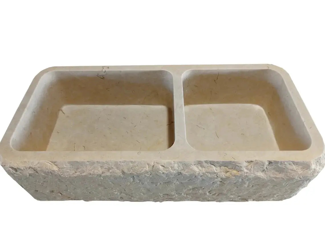 Custom Travertine Double Basin Apron Farmhouse Sink Beige 32 Inches