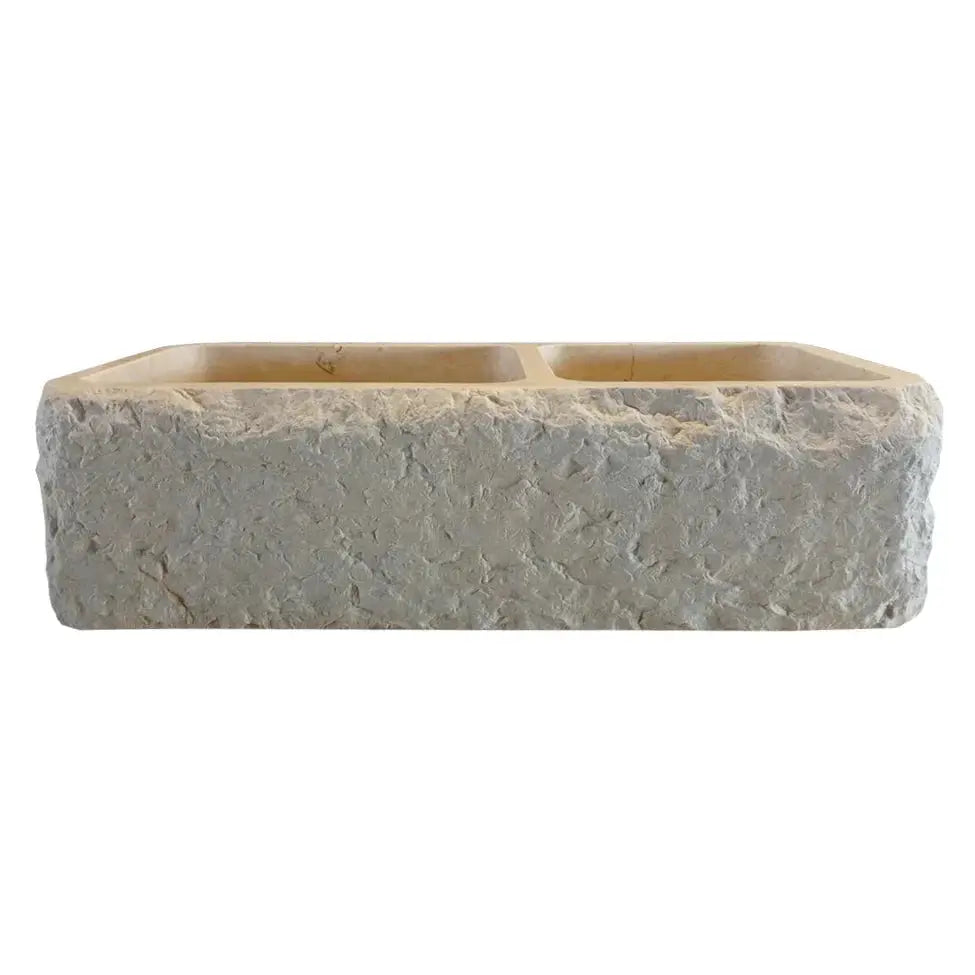 Custom Travertine Double Basin Apron Farmhouse Sink Beige 32 Inches