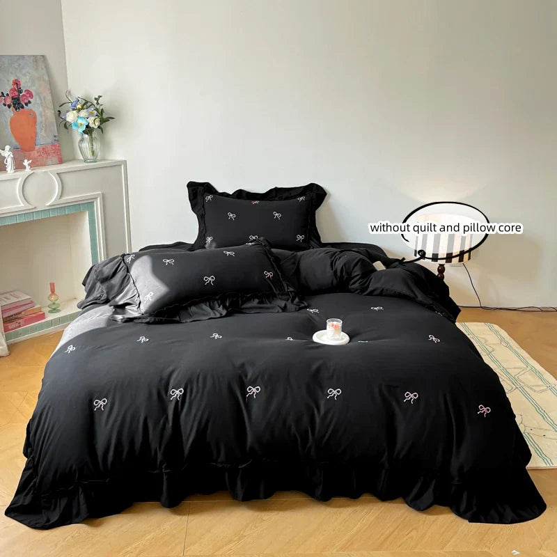 DecorBites™ Bow Embroidery Bedding Set with Ruffles