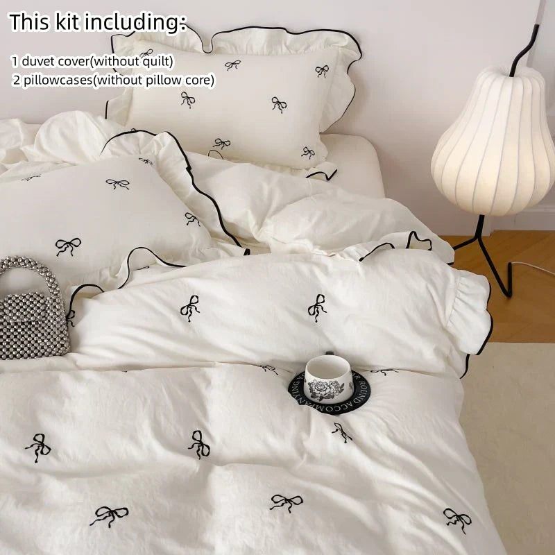 DecorBites™ Bow Embroidery Bedding Set with Ruffles