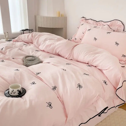 DecorBites™ Bow Embroidery Bedding Set with Ruffles