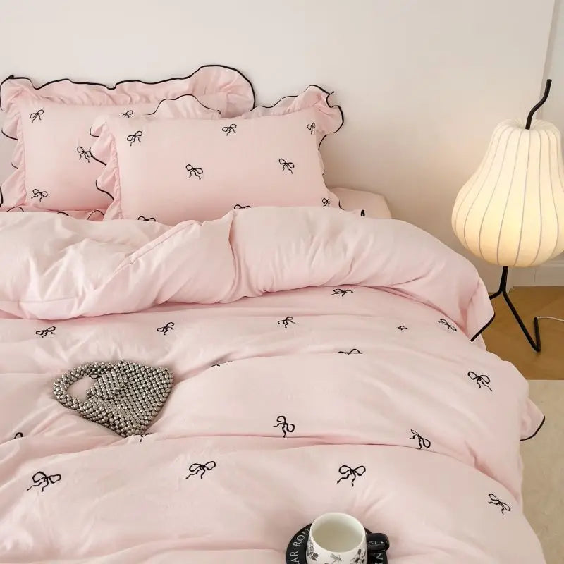 DecorBites™ Bow Embroidery Bedding Set with Ruffles