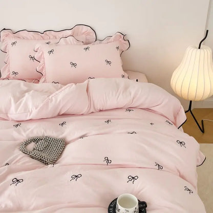 DecorBites™ Bow Embroidery Bedding Set with Ruffles