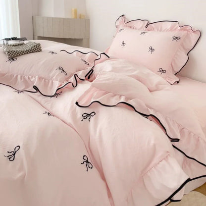 DecorBites™ Bow Embroidery Bedding Set with Ruffles