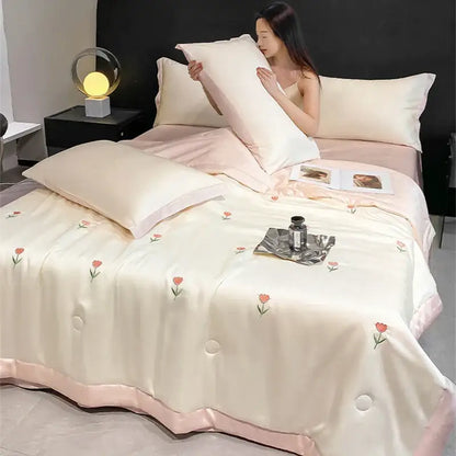 Bowknot embroidered summer bedding set cream & pink bedroom quilt