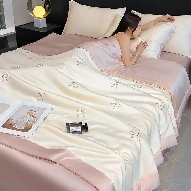 Bowknot embroidered summer bedding set cream & pink bedroom quilt