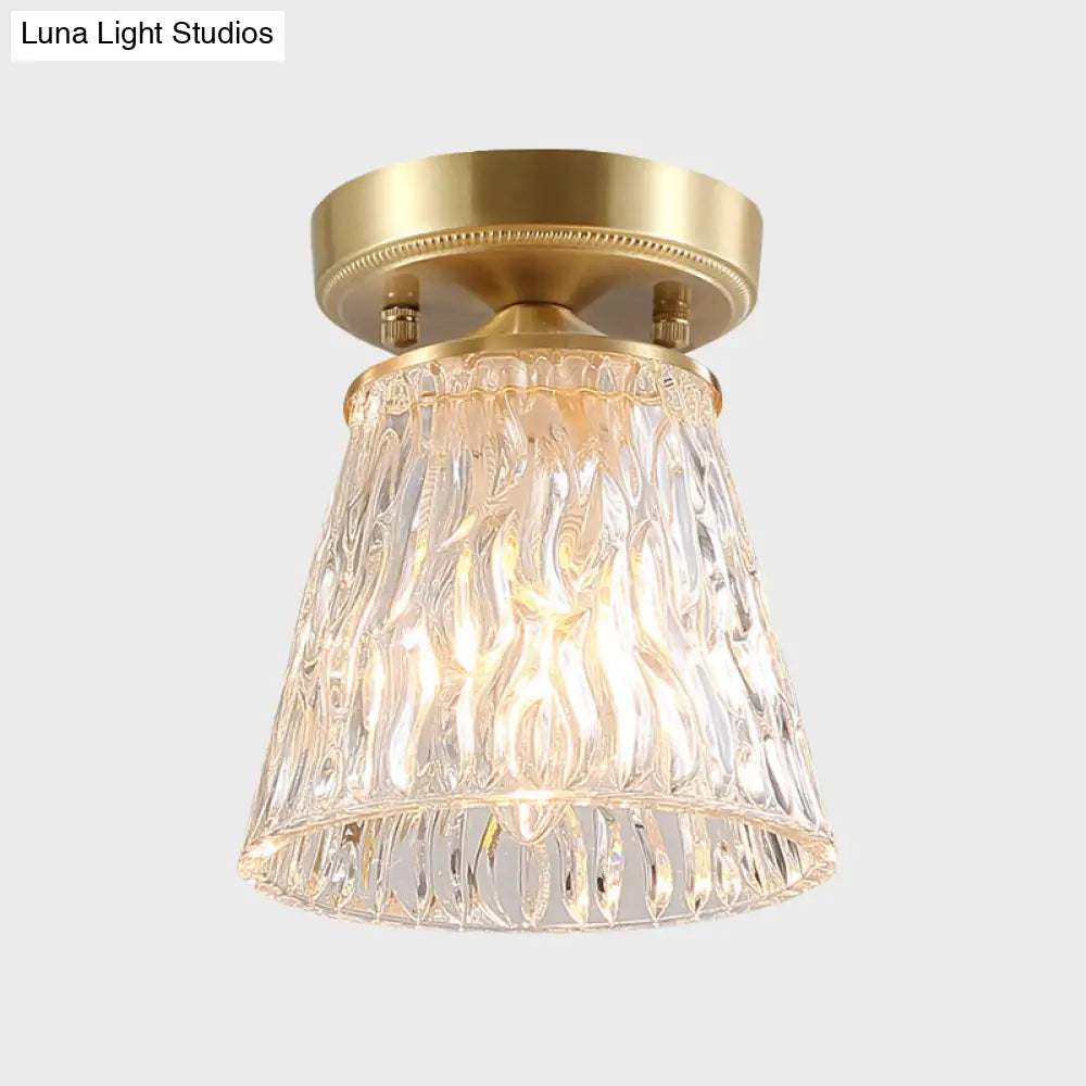 DecorBites™ Brass 1-Light Semi Flush Mount with Clear Ripple/Fluted Glass Cone/Flower Design for Living Room Ceiling