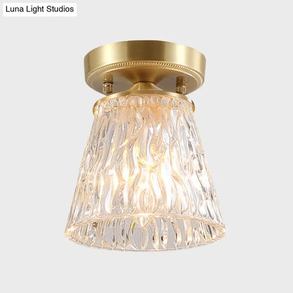DecorBites™ Brass 1-Light Semi Flush Mount with Clear Ripple/Fluted Glass Cone/Flower Design for Living Room Ceiling