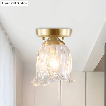 DecorBites™ Brass 1-Light Semi Flush Mount with Clear Ripple/Fluted Glass Cone/Flower Design for Living Room Ceiling
