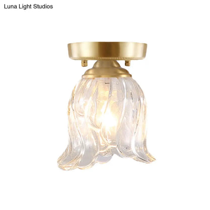 DecorBites™ Brass 1-Light Semi Flush Mount with Clear Ripple/Fluted Glass Cone/Flower Design for Living Room Ceiling