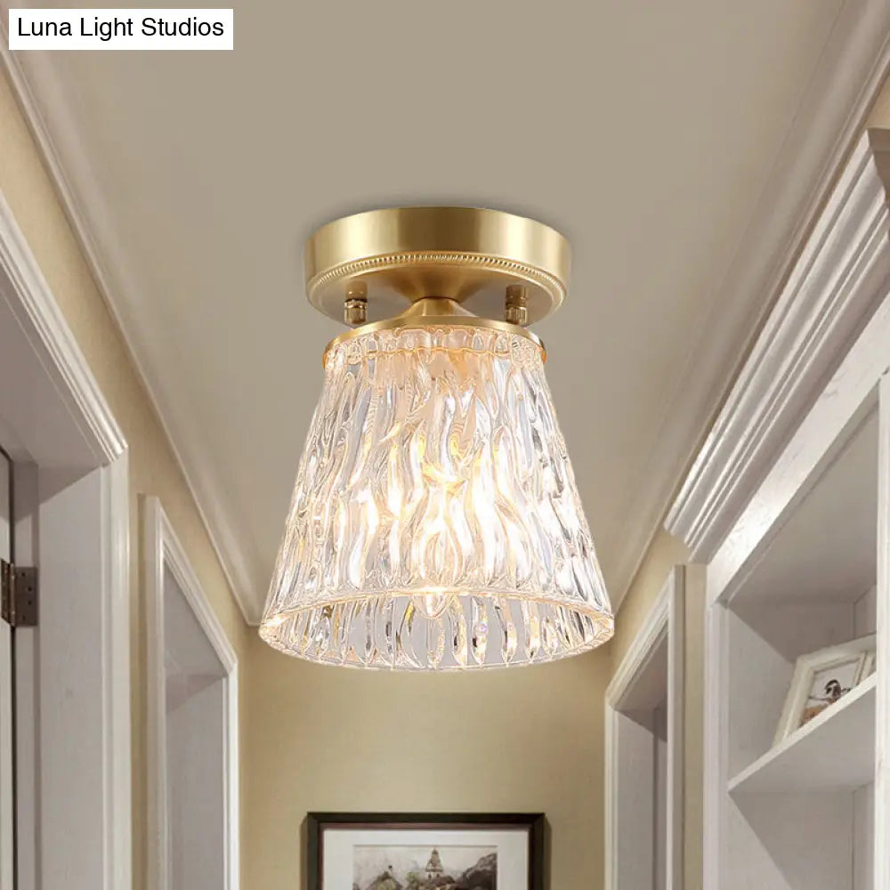 DecorBites™ Brass 1-Light Semi Flush Mount with Clear Ripple/Fluted Glass Cone/Flower Design for Living Room Ceiling