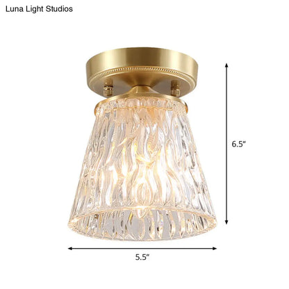DecorBites™ Brass 1-Light Semi Flush Mount with Clear Ripple/Fluted Glass Cone/Flower Design for Living Room Ceiling