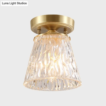 DecorBites™ Brass 1-Light Semi Flush Mount with Clear Ripple/Fluted Glass Cone/Flower Design for Living Room Ceiling