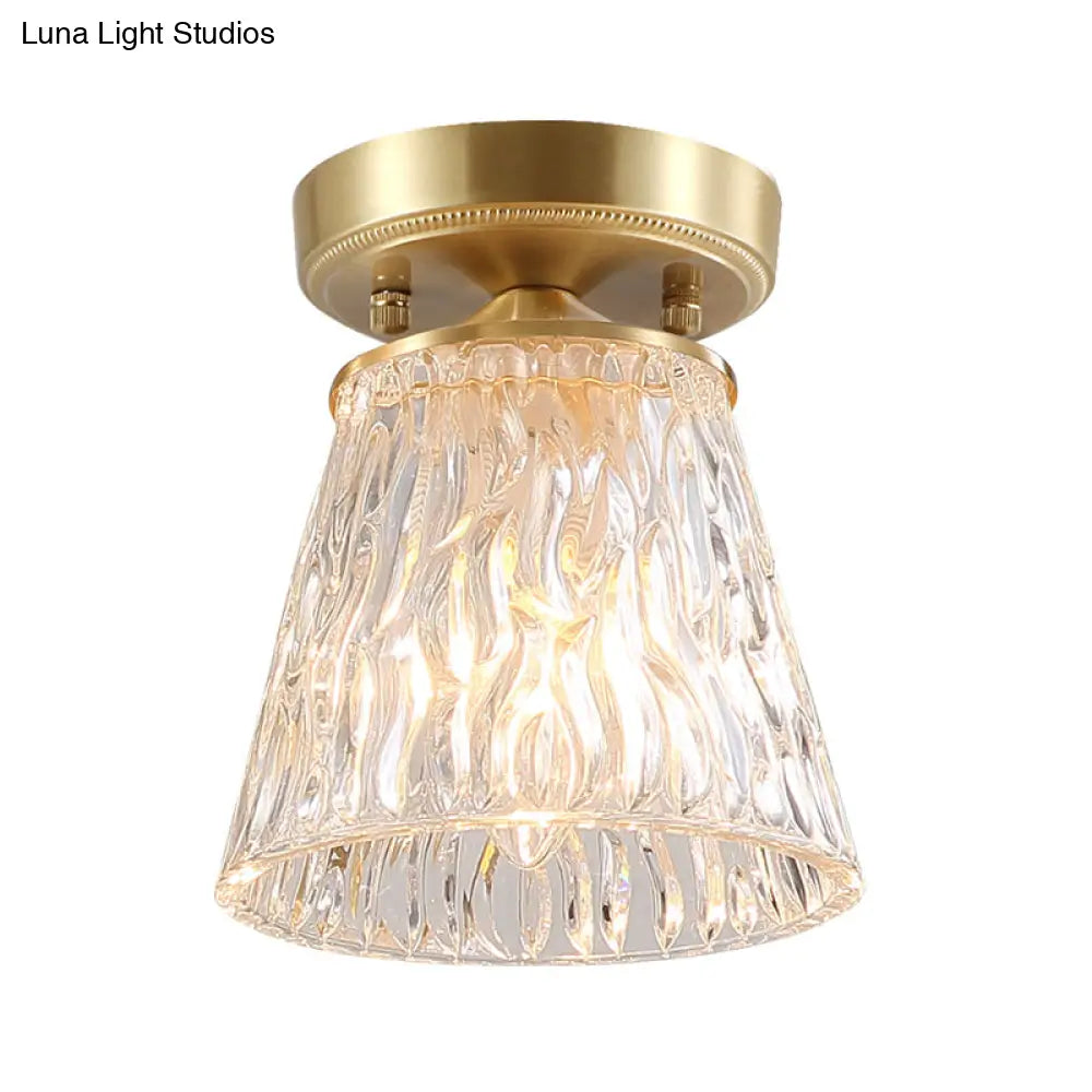 DecorBites™ Brass 1-Light Semi Flush Mount with Clear Ripple/Fluted Glass Cone/Flower Design for Living Room Ceiling