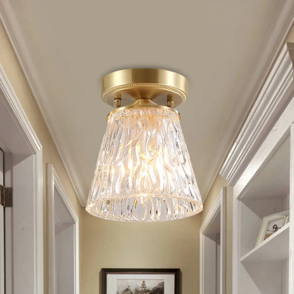 DecorBites™ Brass 1-Light Semi Flush Mount with Clear Ripple/Fluted Glass Cone/Flower Design for Living Room Ceiling