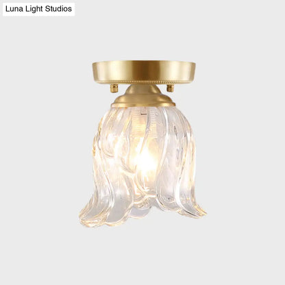 DecorBites™ Brass 1-Light Semi Flush Mount with Clear Ripple/Fluted Glass Cone/Flower Design for Living Room Ceiling