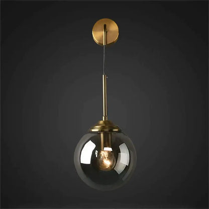 Brass amber glass ball wall light for bedroom and living room