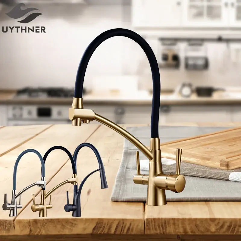 Brass and black dual spout kitchen faucet with dual handles