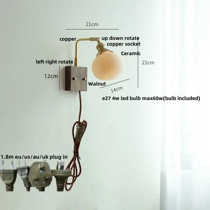 Brass and walnut ceramic led wall light bedroom sconce
