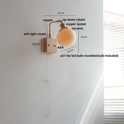 Brass and walnut ceramic led wall light bedroom sconce