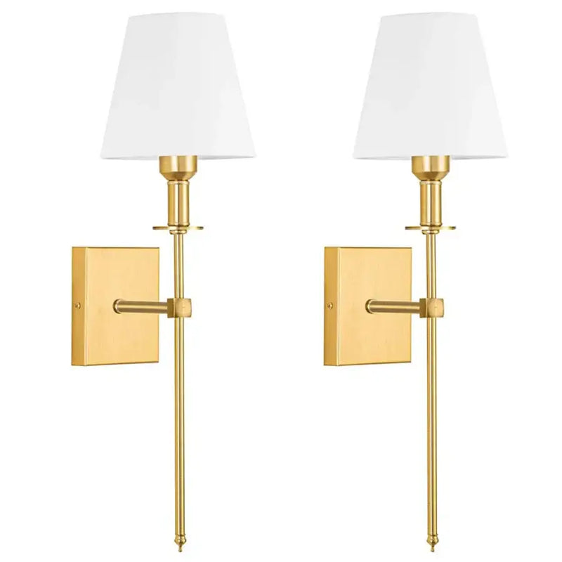 Brass and white cloth lampshade wall sconce pair for bathroom mirror