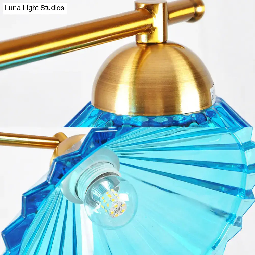 Brass & blue ribbed glass cone 3 light pendant – dining room