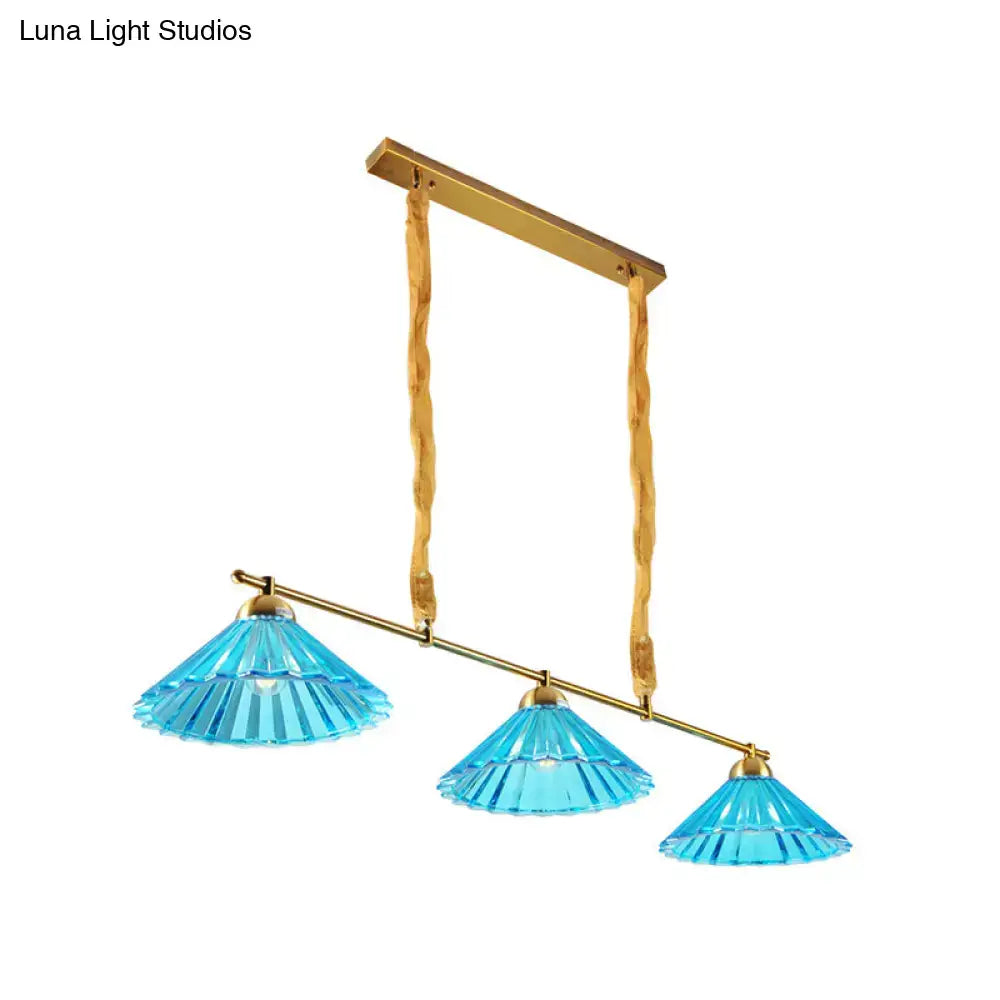 Brass & blue ribbed glass cone 3 light pendant – dining room