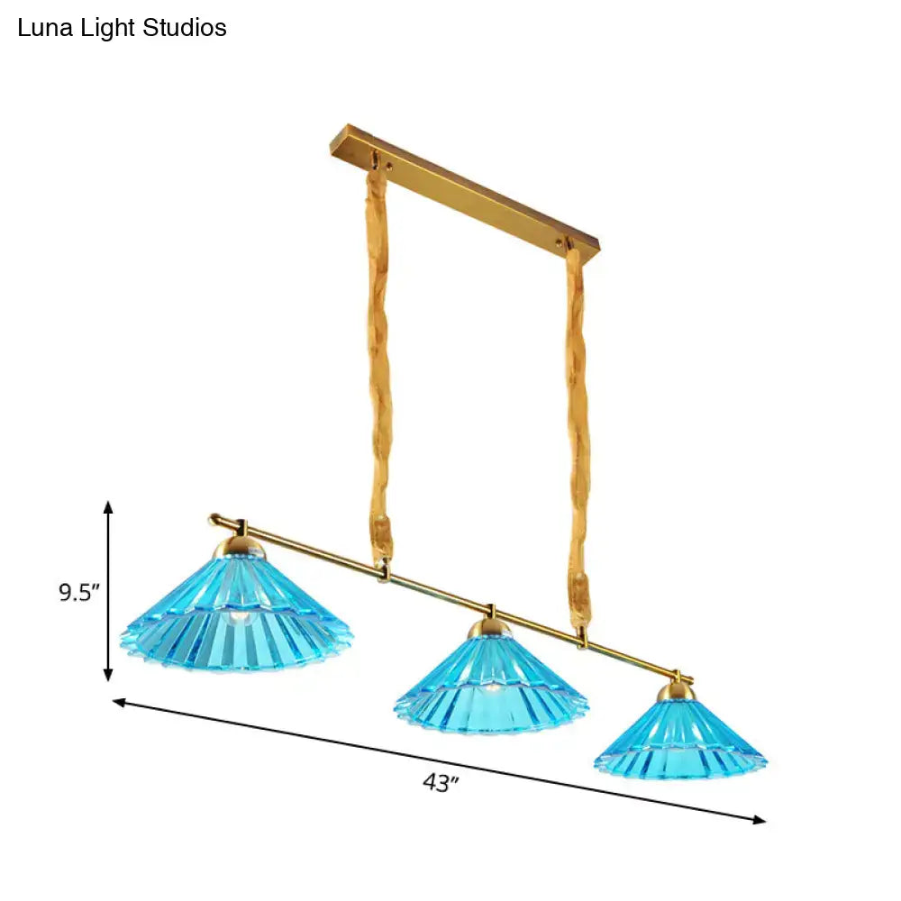 Brass & blue ribbed glass cone 3 light pendant – dining room