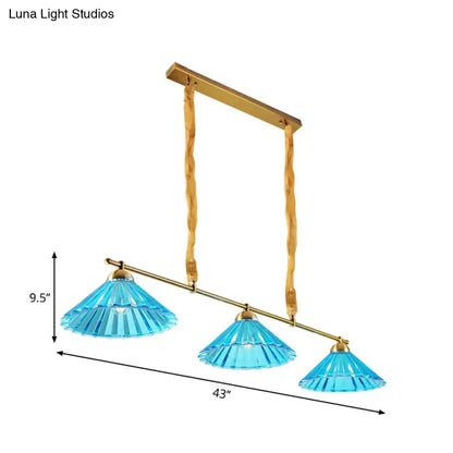 Brass & blue ribbed glass cone 3 light pendant – dining room