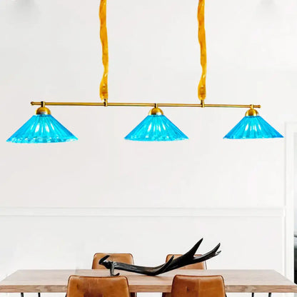 Brass & blue ribbed glass cone 3 light pendant – dining room