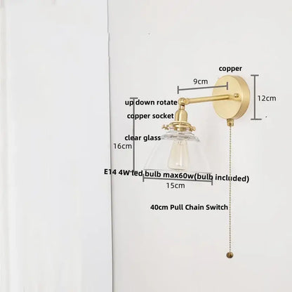Brass brass clear glass wall lights bedroom reading lamp with pull chain