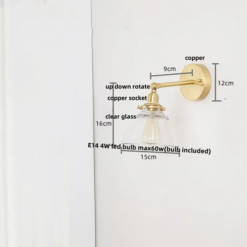 Brass brass clear glass wall lights bedroom reading lamp with pull chain