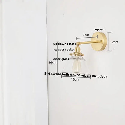 Brass brass clear glass wall lights bedroom reading lamp with pull chain