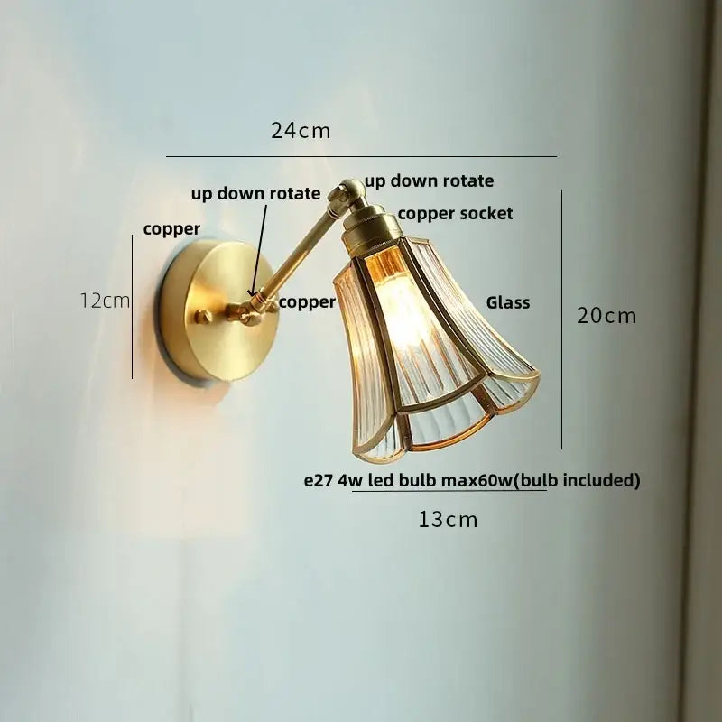 Brass brass clear glass wall lights bedroom reading lamp with pull chain