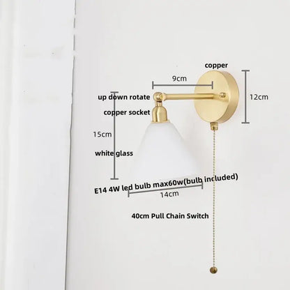 Brass brass clear glass wall lights bedroom reading lamp with pull chain