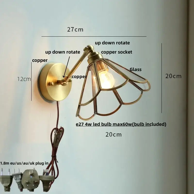 Brass brass clear glass wall lights bedroom reading lamp with pull chain
